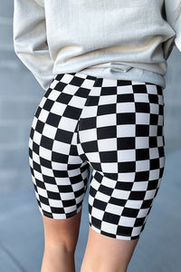 Online Black Checkerboard Printed High Waist Biker Shorts