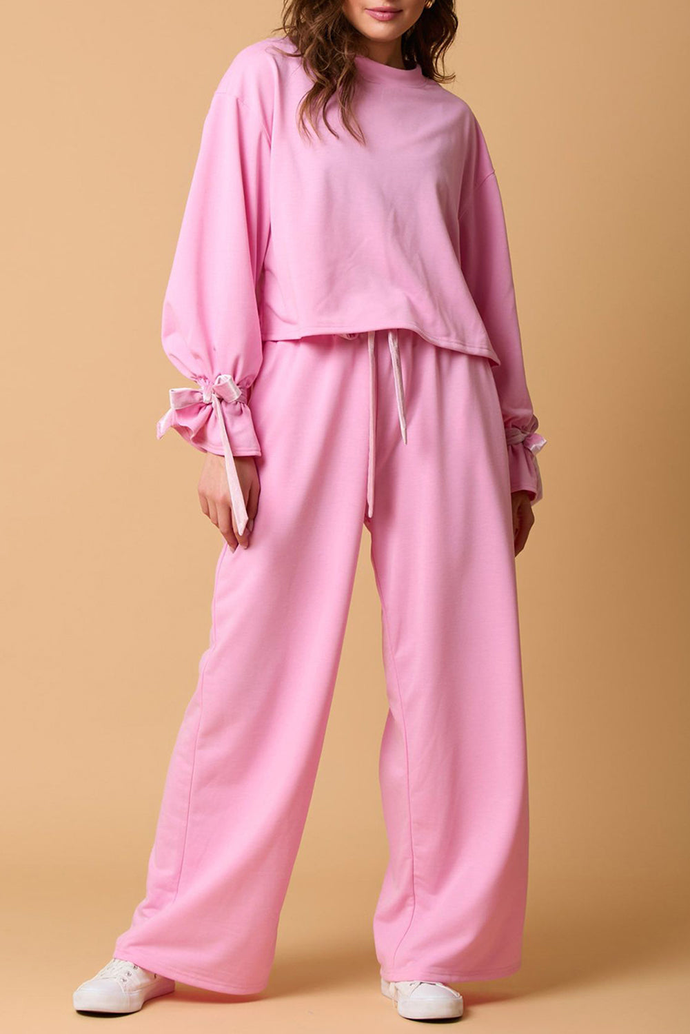 Online Bonbon Solid Color Drawstring Long Sleeve Top and Pants Set