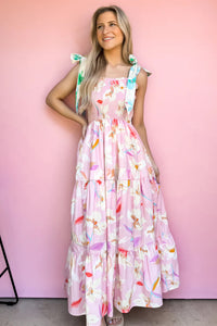 Online Pink Floral Print Knotted Shoulder Smocked Maxi Dress