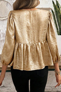 Online Gold Bow Tie Front Puff 3/4 Sleeve Ruffle Hem Blouse