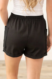 Black Elastic Waist Cuffed Shorts