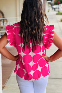 Online Rose Bubblegum Pattern Frilled Collar Flutter Sleeve Top