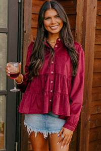 Online Burgundy Corduroy Ruffle Tiered Buttoned O Neck Shirt