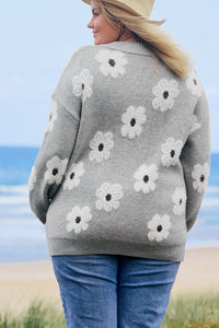 Online Gray Plus Size Embroidered Floral Pattern Half Zip Sweater