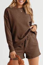 Load image into Gallery viewer, Brown Textured Long Sleeve Top and Drawstring Shorts Set
