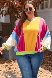 Online Rose Red Plus Size Colorblock Patchwork Exposed Seam Sweatshirt