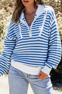 Online Pink Stripe Zip up Collar Drop Shoulder Sweater