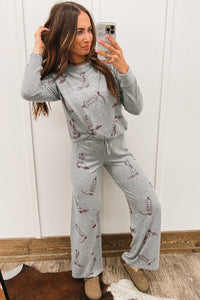 Online Gray Cowgirl Boots Printed Long Sleeve Top Pants Lounge Set