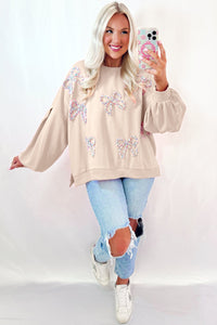 Online Light Pink Embroidered Bow Lantern Sleeve Oversized Pullover Sweatshirt