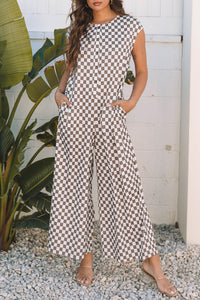 Online Khaki Checkered Print Buttoned Crew Neck Wide Leg Jumpsuit