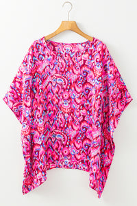 Online Pink Abstract Print V Neck Half Sleeve Loose Fit Tunic Blouse