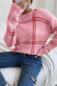 Online Pink Plaid Pattern Knitted Drop Shoulder Sweater