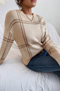 Online Pink Plaid Pattern Knitted Drop Shoulder Sweater