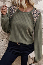 Load image into Gallery viewer, Moss Green Leopard Print Crochet Patchwork Rib Textured Knit Top
