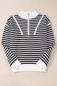 Online Pink Stripe Zip up Collar Drop Shoulder Sweater