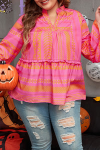Online Vitality Orange Plus Size Geometric Printed Bell Sleeve Babydoll Blouse