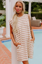 Load image into Gallery viewer, Online Khaki Stripe Round Neck Sleeveless Casual Pocketed Mini Dress
