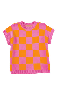 Online Sachet Pink Colorblock Plaid Pattern Ribbed Trim Sweater Tank Top