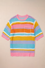 Load image into Gallery viewer, Online Pink Stripe Plus Size Open Knit Patch Pocket Short Sleeve Sweater
