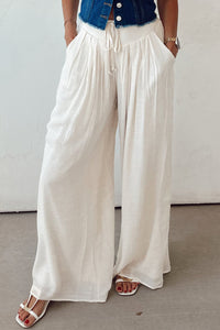 Online White Casual Tie Waist Pleated Wide Leg Pants