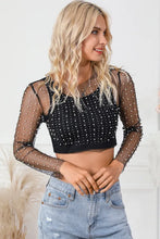 Load image into Gallery viewer, Black Pearl and Rhinestone Detail Sheer Mesh Top
