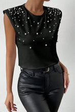 Load image into Gallery viewer, Black Pearls Beaded Shoulder Pad Crew Neck Tank Top
