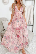 Load image into Gallery viewer, Online Pink Floral Pleated Bust Deep V Empire Waist Backless Maxi Dress
