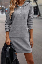 Load image into Gallery viewer, Gray Textured Kangaroo Pocket Drawstring Hooded Mini Dress
