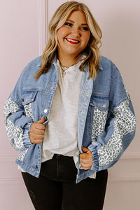 Online Beau Blue Leopard Patchwork Flap Detail Plus Size Denim Jacket