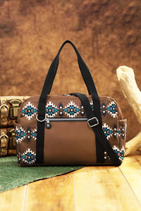 Online Coffee Western Aztec Print PU Leather Large Travel Duffel Bag