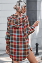 Load image into Gallery viewer, Brown Plaid Split Side Button Hooded Dress
