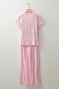 Online Light Pink Textured Short Sleeve Henley Top and Pocketed Wide Leg Pants