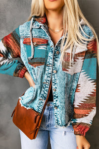 Online Multicolor Aztec Print Frayed Hem Denim Jacket