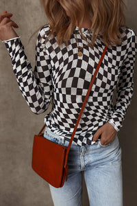 Online Khaki Checkered Pattern Mesh Mock Neck Long Sleeve Top