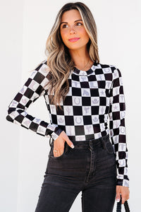 Online Black Checkerboard Western Elements Printed Mesh Long Sleeve Top