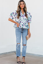 Load image into Gallery viewer, Online Purple Floral Ricrac Trim Half Sleeve Peplum Top
