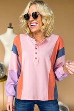 Load image into Gallery viewer, Online Pink Colorblock Long Sleeve Buttons Henley Top
