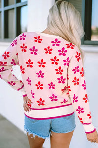 Pink Flower Print Crew Neck Sweater