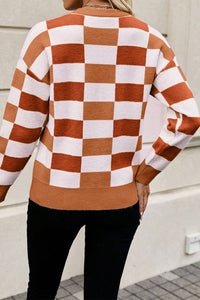 Online Pink Checkered Ribbed Edge O Neck Drop Shoulder Sweater