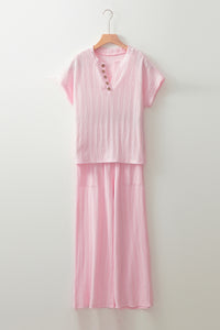 Online Light Pink Textured Short Sleeve Henley Top and Pocketed Wide Leg Pants