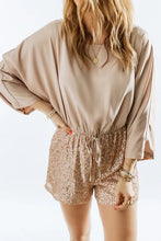 Load image into Gallery viewer, Khaki Sequin Patchwork Drawstring High Waist Romper
