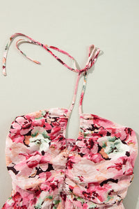 Online Pink Floral Sleeveless Halter Neck Shirred Back Ruffled Mini Dress