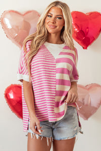 Online Pink Stripe Patchwork Textured Short Sleeve High Low Loose Top