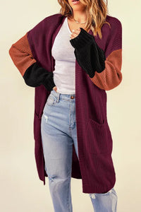 Wine Cotton-blend Pocketed Colorblock Cardigan