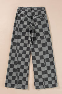 Online Dark Grey Checkered Denim Wide Leg Jeans