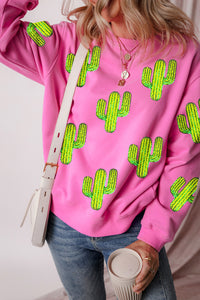 Online Bonbon Sequined Cactus Pattern Crewneck Pullover Sweatshirt