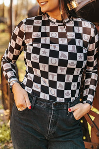 Online Black Checkerboard Western Elements Printed Mesh Long Sleeve Top