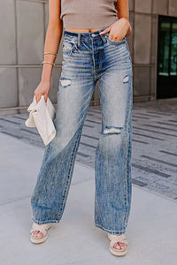 Blue High Waist Distressed Straight Leg Washed Jeans