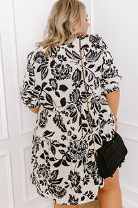 Online Black Floral Print Tiered Frilled Half Sleeve Plus Size Mini Dress