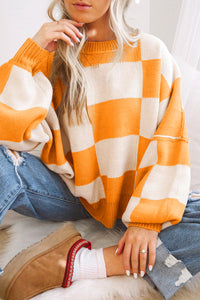 Online Rose Checkered Bishop Sleeve Sweater